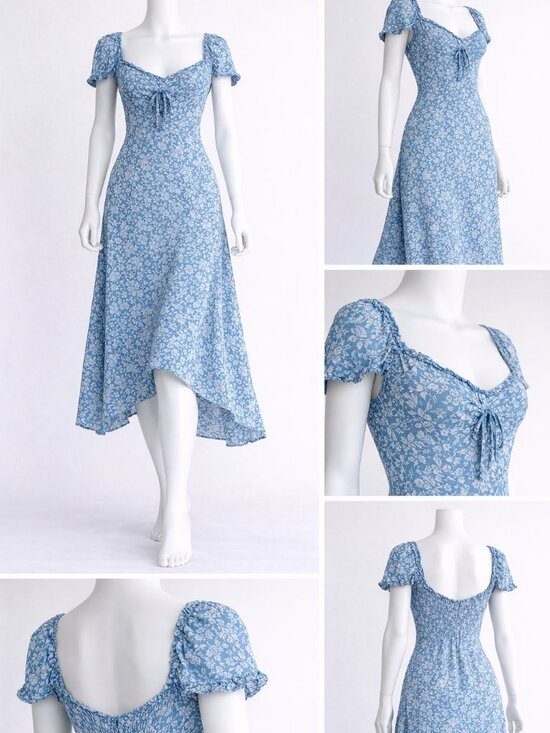Reformation Dresses & Skirts - Reformation Marby Dress Blue Floral Asymmetrical Midi Puff Sleeve Size 6